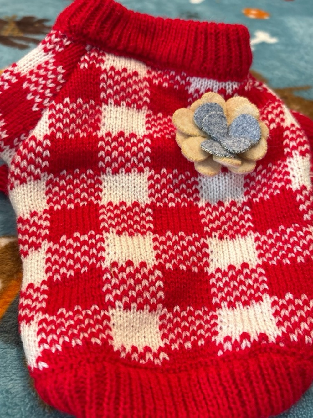 Red and White Plaid Pet Sweater with Decorative Flower small